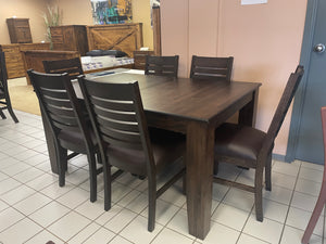 Smooth Birch 431B Harvest Table & 6 Modern Slat Back Chairs with Upholstered Seats in Guinness Finish S-408