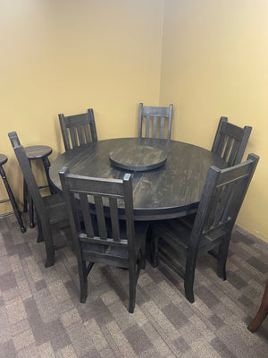 Rustic Pine R555P 60" Round Solid Top Table, 6 Rustic Slat Back Chairs, & Lazy Susan in Ebony Finish S-426