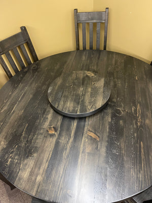 Rustic Pine R555P 60" Round Solid Top Table, 6 Rustic Slat Back Chairs, & Lazy Susan in Ebony Finish S-426