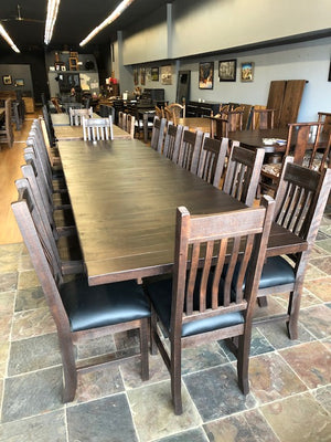Rustic Pine R452P Harvest Table & 14 Rustic Bent Back Chairs in Scotch Finish S-115