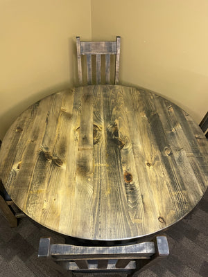 Rustic Pine R525P 54" Round Solid Top Table in Lowry Finish & 4 Rustic Slat Back Chairs in Rome Finish S-590