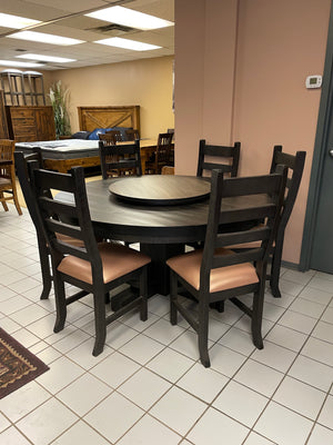 Rustic Pine R555P 60" Round Solid Top Table, 6 Rustic Ladder-Back Chairs in Ebony Finish & Lazy Susan in Rome Finish S-719