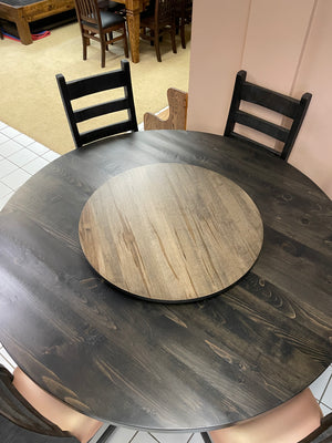 Rustic Pine R555P 60" Round Solid Top Table, 6 Rustic Ladder-Back Chairs in Ebony Finish & Lazy Susan in Rome Finish S-719