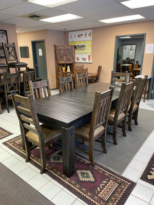 Rustic Pine R455P Monster Table in Ebony Finish & 2 Rustic Ladder Back Chairs & 6 Rustic Slat Back Chairs in Rome Finish S-720
