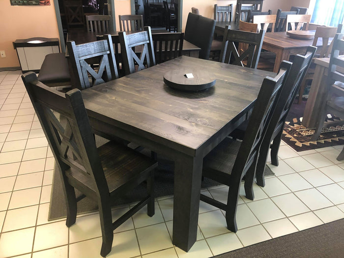 Rustic Pine R431P Harvest Table, 6 Rustic X Back Chairs & 16" Lazy Susan in Ebony Finish S-111