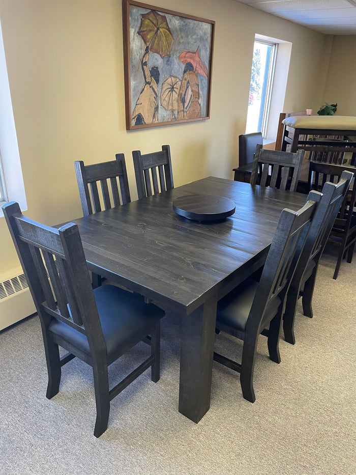 Rustic Pine R452P Super Table, 6 Rustic Slat Back Chairs in Ebony Finish & 1 Lazy Susan in Midnight Finish S-466