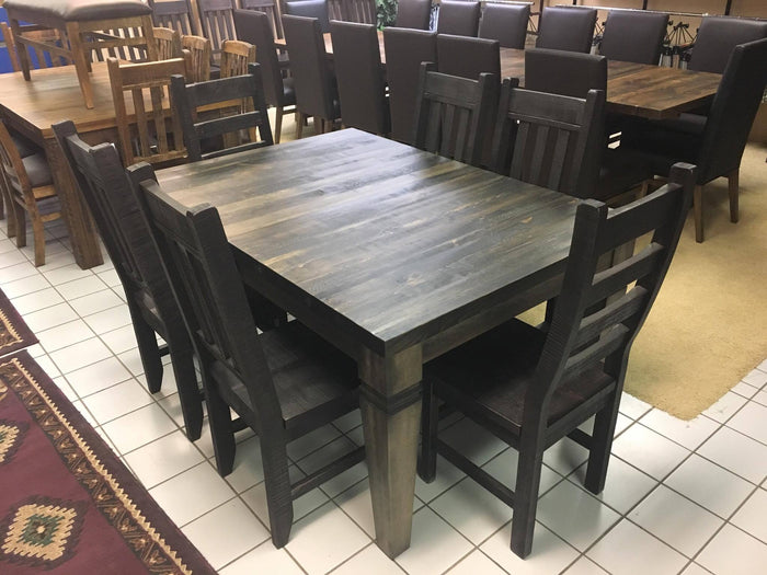 Rustic Pine R431P Harvest Table, 2 Ladder Back Chairs, & 4 Rustic Slat Back Chairs in Ebony Finish S-117