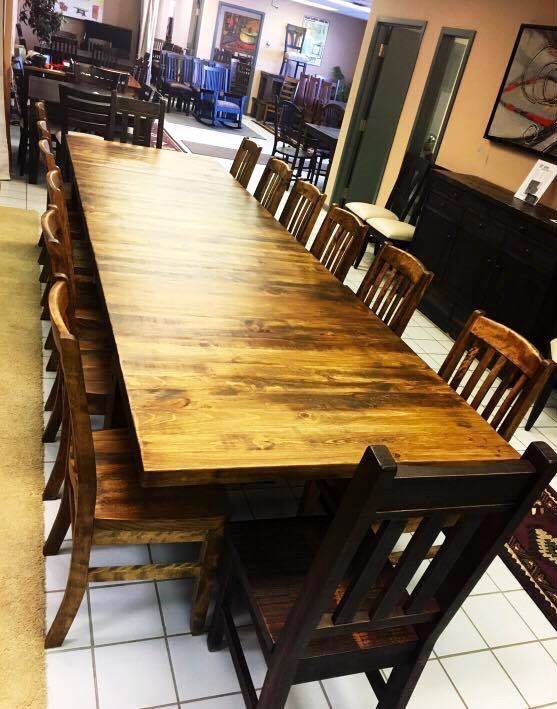 Rustic Pine R452P Super Table, 12 Scholar Chairs in Black Walnut Finish & 2 Rustic Slat Back Chairs in Bourbon Finish S-110