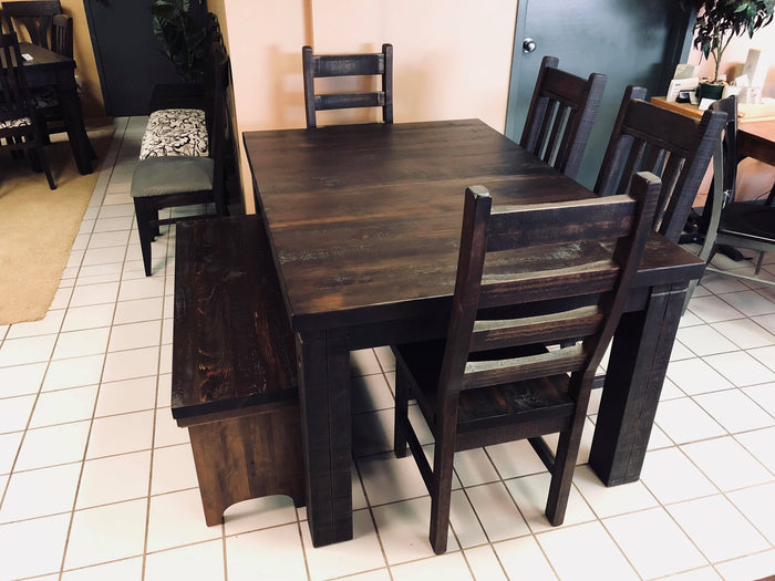 Rustic Pine R449P Harvest Table, 2 Rustic Slat Back Chairs, 2 Rustic Ladder Back Chairs & R082B Rustic Pine 48" Bench in Bourbon Finish S-107