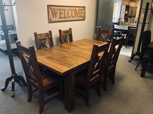 Rustic Pine R452P Harvest Table & 6 Rustic X Back Chairs in Black Walnut Finish S-218