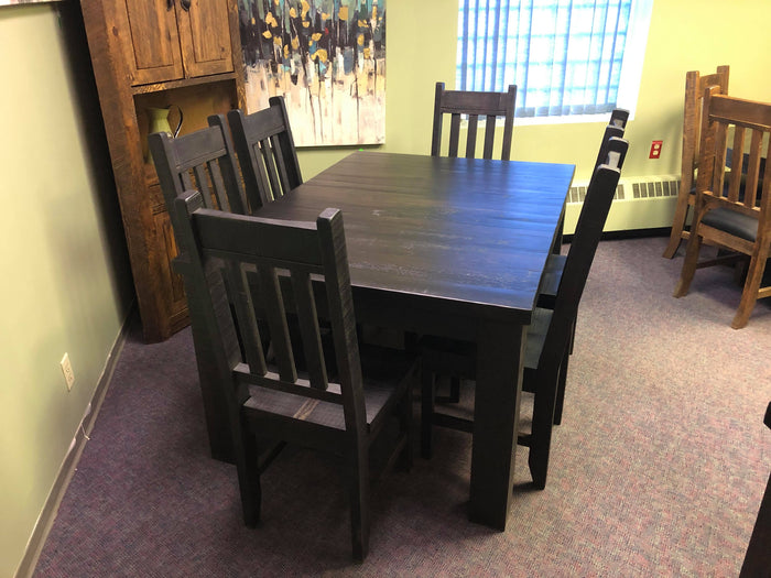 Rustic Pine R449P Harvest Table & 6 Rustic Slat Back Chairs in Midnight Finish S-136