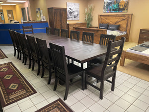 Rustic Pine R452P Super Table, 2 Rustic Ladder Back Chairs, & 12 R748B School House Chairs in Bourbon Finish S-413