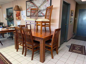 Rustic Pine R431P Harvest Table & 6 Scholar Chairs with Upholstered Seats in Sherwood Finish S-414