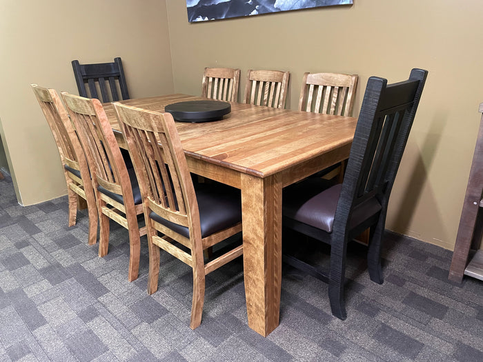 Smooth Birch 431B Harvest Table, 2 Rustic Slat Back Chairs & 6 Smooth Birch Scholar Chairs with Upholstered Seats in Medium Walnut Finish S-418