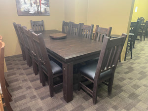 Rustic Pine R431P Harvest Table & 10 Rustic Birch Slat Back Chairs with Upholstered Seats in Bourbon Finish S-419