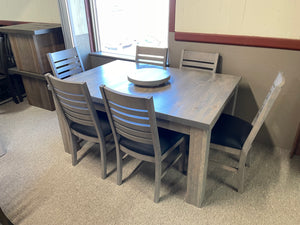 Rustic Pine R431P Harvest Table, 16" Lazy Susan & 6 Modern Birch Slat Back Chairs with Upholstered Seats in Stone Grey Finish S-420