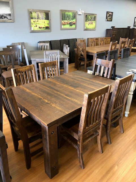 Rustic Birch R431B Harvest Table, 2 Rustic Slat Back Chairs, & 4 Rustic School House Chairs in Black Walnut Finish S-100