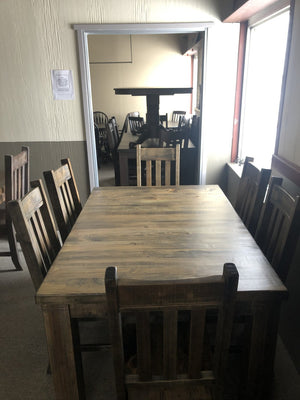 Rustic Pine R449P Harvest Table & 6 Rustic Slat Back Chairs in Lowry Finish S-225