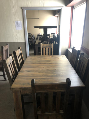 Rustic Pine R431P Harvest Table & 6 Rustic Slat Back Chairs in Lowry Finish S-219