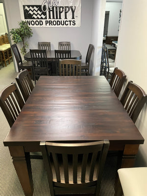 Rustic Pine R431P Harvest Table in Bourbon Finish & 6 Rustic Walnut Scholar Chairs in Guinness Finish S-488