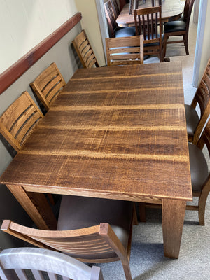 Rustic Oak 431 Harvest Table & 6 Modern Slat Back Oak Chairs in Black Walnut Finish S-502