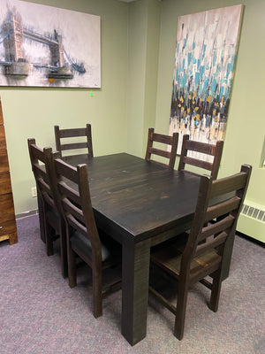 Rustic Pine R431P Harvest Table in Guinness Finish & 6 Rustic Ladder Back Chairs in Bourbon Finish S-443